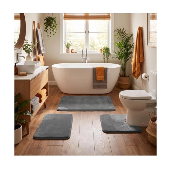3 Piece Bathroom Rug Set Ultra Soft Plush Velvet Memory Foam Bath Mats Non Slip Quick Dry Washable Bathroom Mats for Home Decor Grey