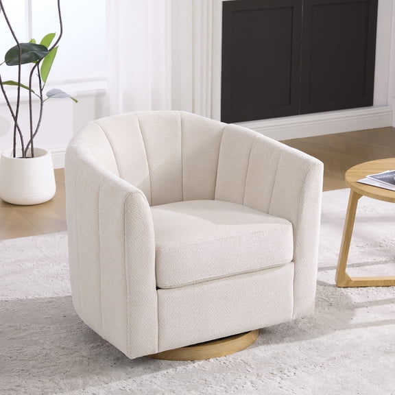 Leumius Swivel Barrel Chair with Solid Wood Base, Comfy Channel Tufted Accent Round Armchair, Single Club Sofa for Living Room Bedroom Reading Nook Corner Apartment, Beige