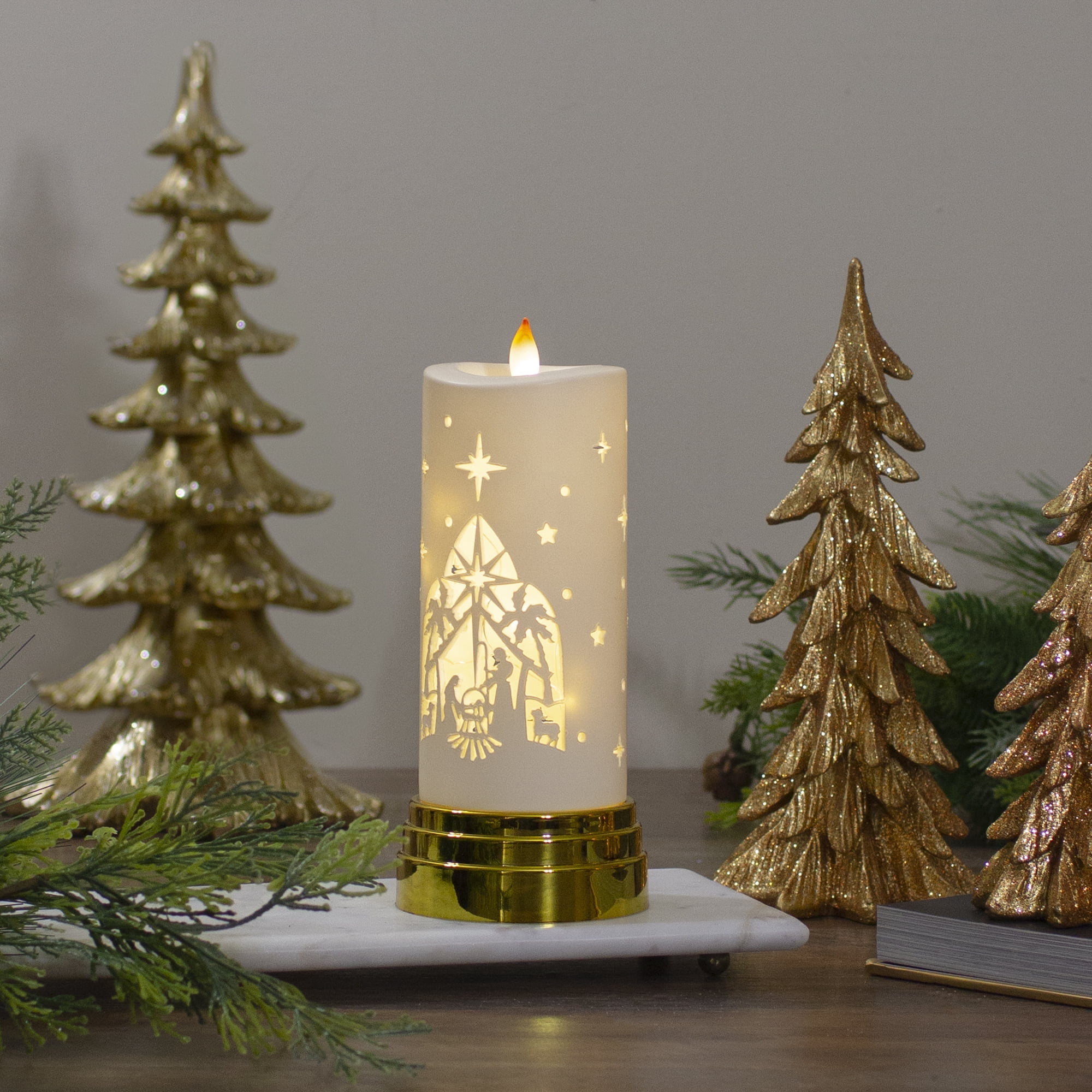 Northlight 9" Gold and White Nativity Scene Flameless Candle