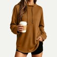 thumbnail image 2 of Women's Oversized Drawstring Hoodies Mock Neck Long Sleeve Curved Hem Pullover Soft Lightweight Tunic Sweatshirt Fall Fashion Tops Brown, 2 of 9