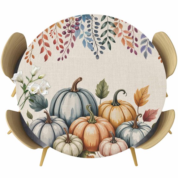 Orange Pumpkins Fall Round Tablecloth, Fitted Table Cover with Elastic for 36"-44" Round Tables, Autumn Eucalyptus Leaves Retro Beige Table Cloth Outdoor Indoor Dinning Party Waterproof Tablecloths