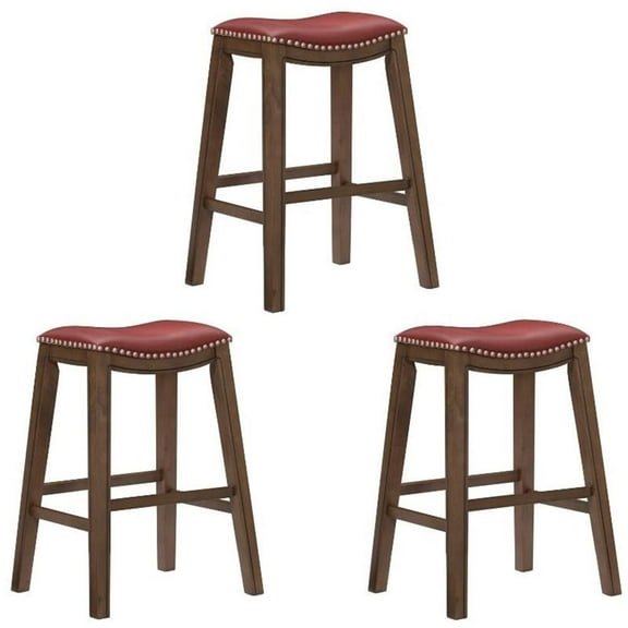 Home Square 3 Piece 29" Upholstered Faux Leather Saddle Bar Stool Set in Red