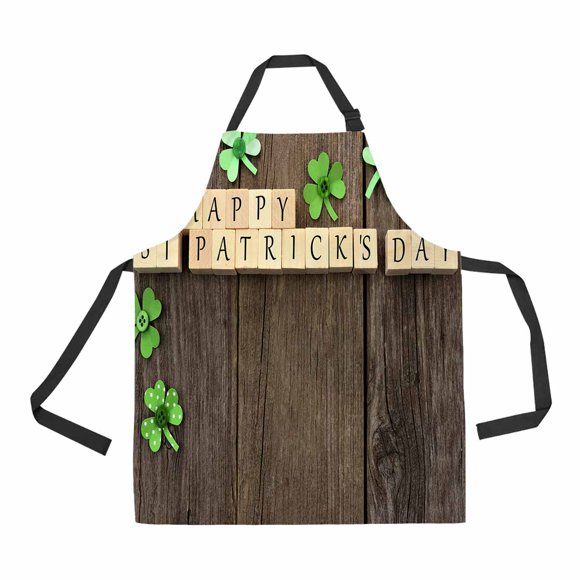 YUSDECOR Happy Wooden Blocks Shamrocks Rustic Wooden Unisex Adjustable Bib Apron with Pockets for Commercial Restaurant and Home Kitchen Use