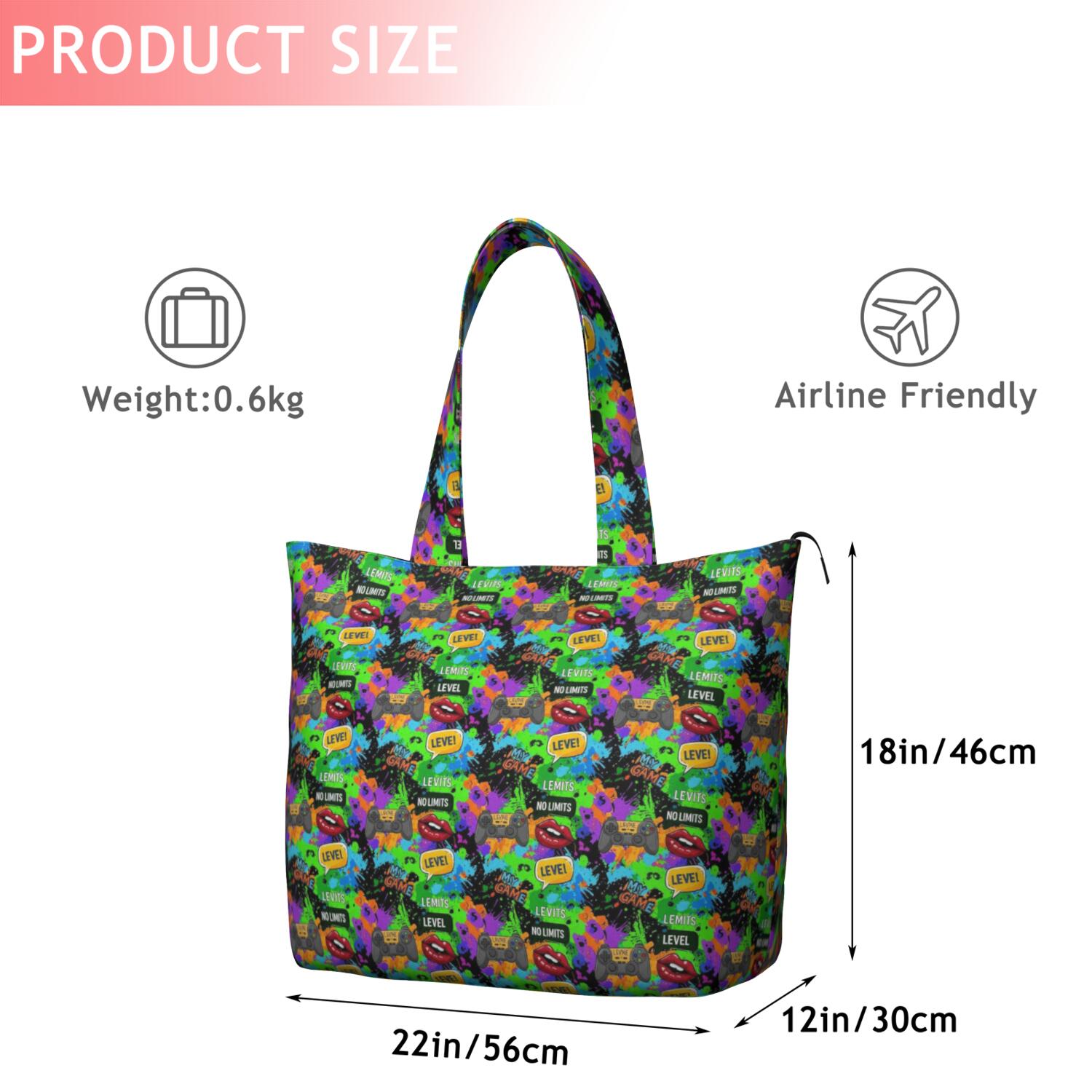 Colorful Controllers Games Icons Green Pattern Travel Tote Bags for Women Carry On,Large Weekender Bags for Women Travel,Multi Functional Duffle Bag for Work,Shopping,Sports
