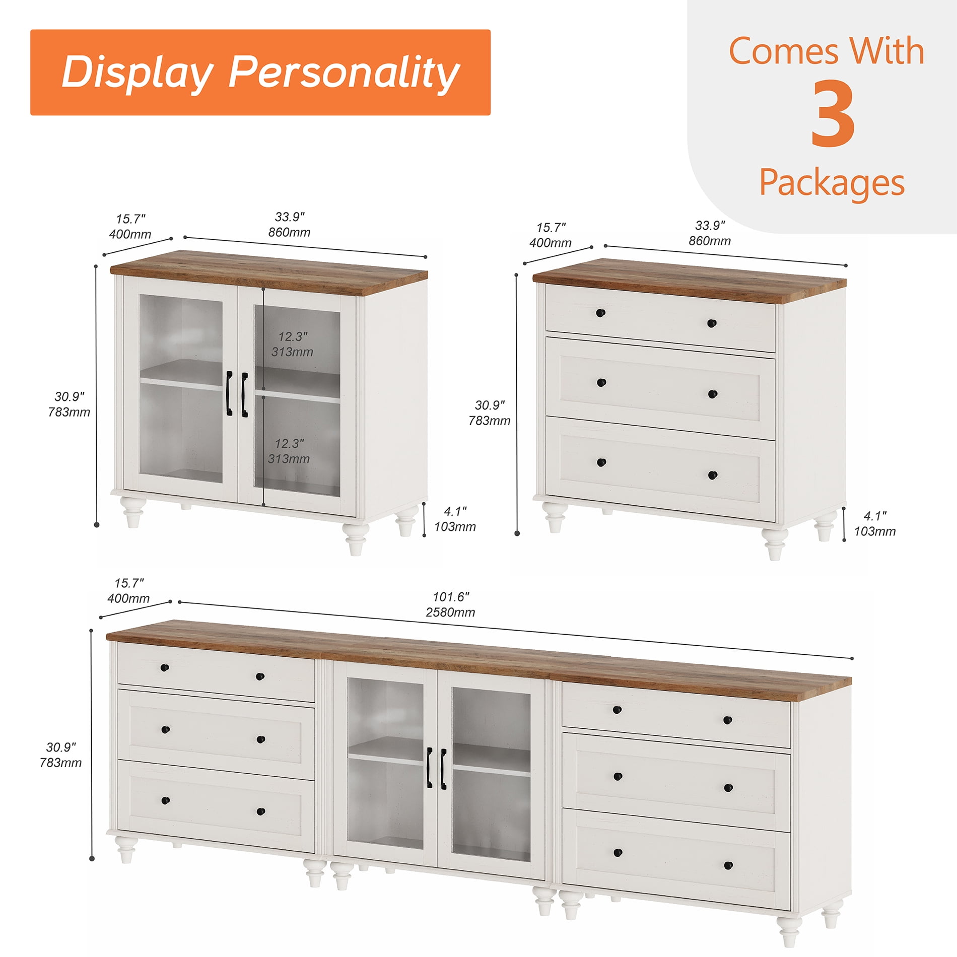 Farmhouse TV Stand, 3-in-1 TV Console Table for 75/80/85/90-Inch TVs, Entertainment Center with Drawer & Glass Door, White