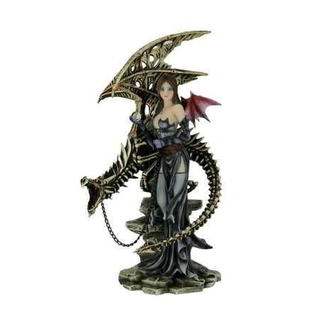- Dark Fairy Standing with Skeleton Dragon On Leash Statue