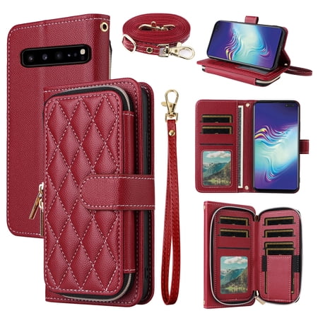 Dswteny Argyle Wallet Case for Samsung Galaxy S10 5G with Wrist Strap Shoulder Strap Zipper Luxury PU Leather Credit Card Holder Stand Accessories Cell Phone Cover for S105G S 10 G5 Women Girls Red