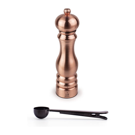 Peugeot Paris Chef u'Select Stainless Steel 22cm 9 inch Pepper Mill, Copper - With Stainless Steel Spice Scoop/Bag Clip