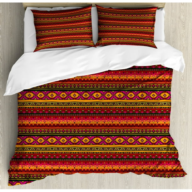 Aztec Queen Size Duvet Cover Set, Funky South American Style Vintage