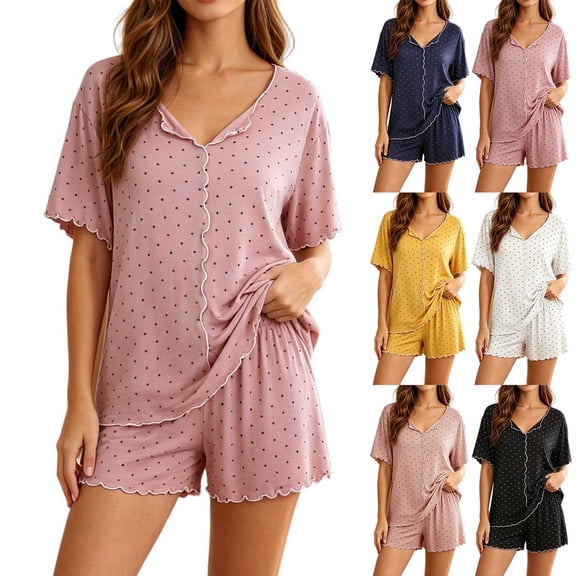 Akafmk Women's Polka Dots Pajama Set V Neck Short Sleeve Ruffle Hem with Shorts Loungewear Set, 2-Piece, Sizes XXL