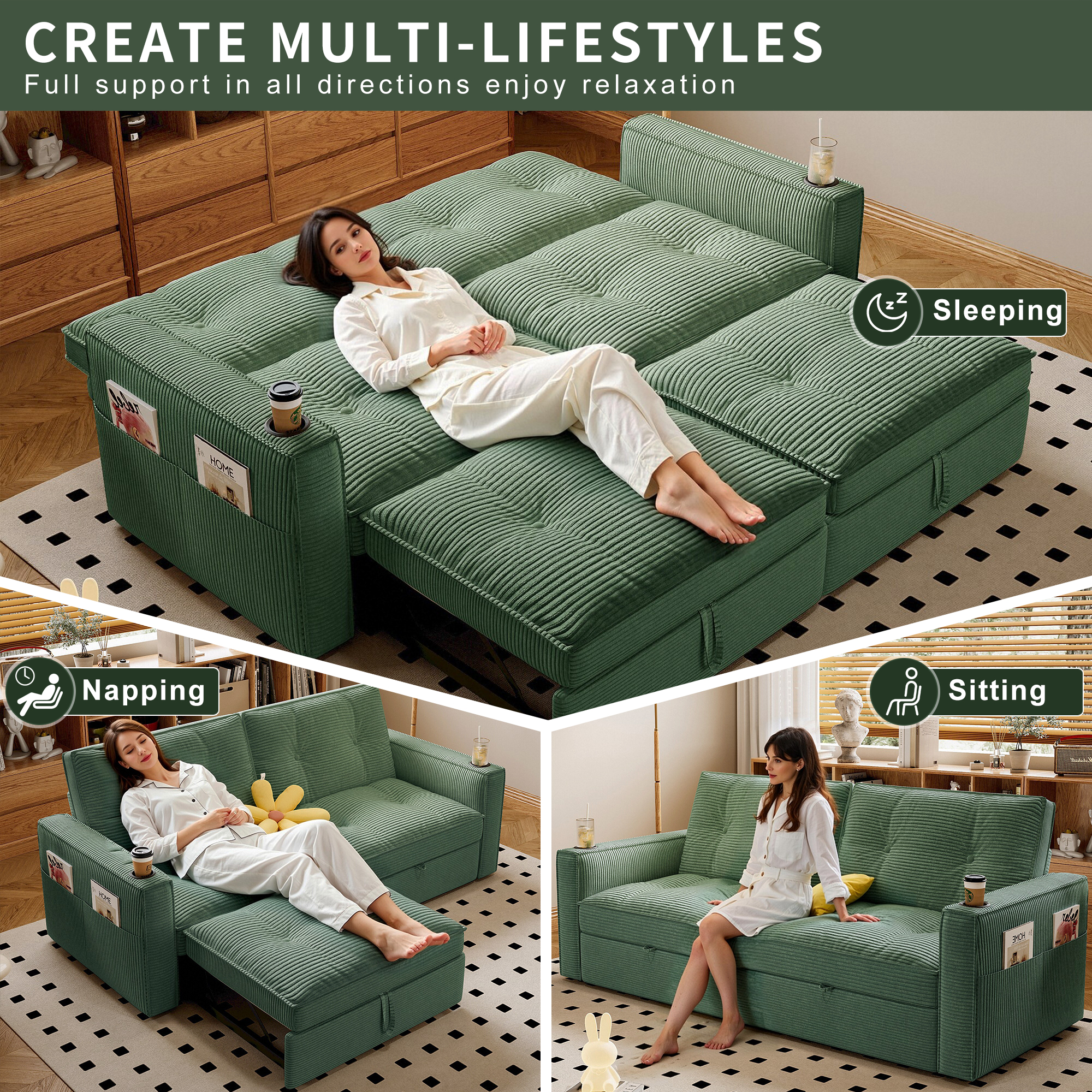 73.2'' Sleeper Sofa Bed Full, Corduroy Pull Out Couch, Modern L Shaped Convertible Sofa, Futon Couches, Comfy Loveseat, Adjustable Backrest & Side Pockets, for Small Space, Living Room, Green