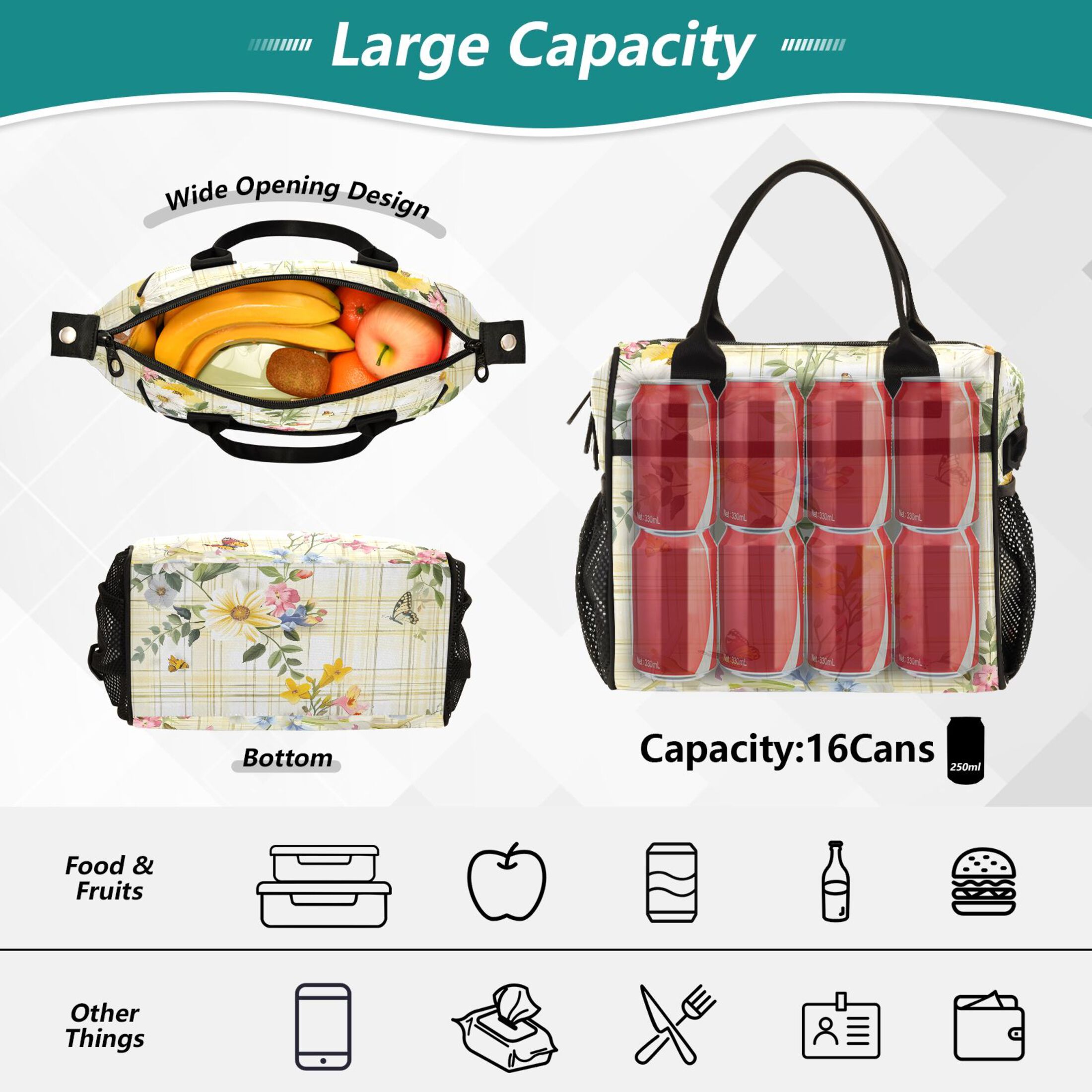 Lunch Bag Insulated Lunch Box Leakproof Reusable Cooler Tote Adjustable Shoulder Strap for Men Women Flowers and Butterflies on Plaid 12L