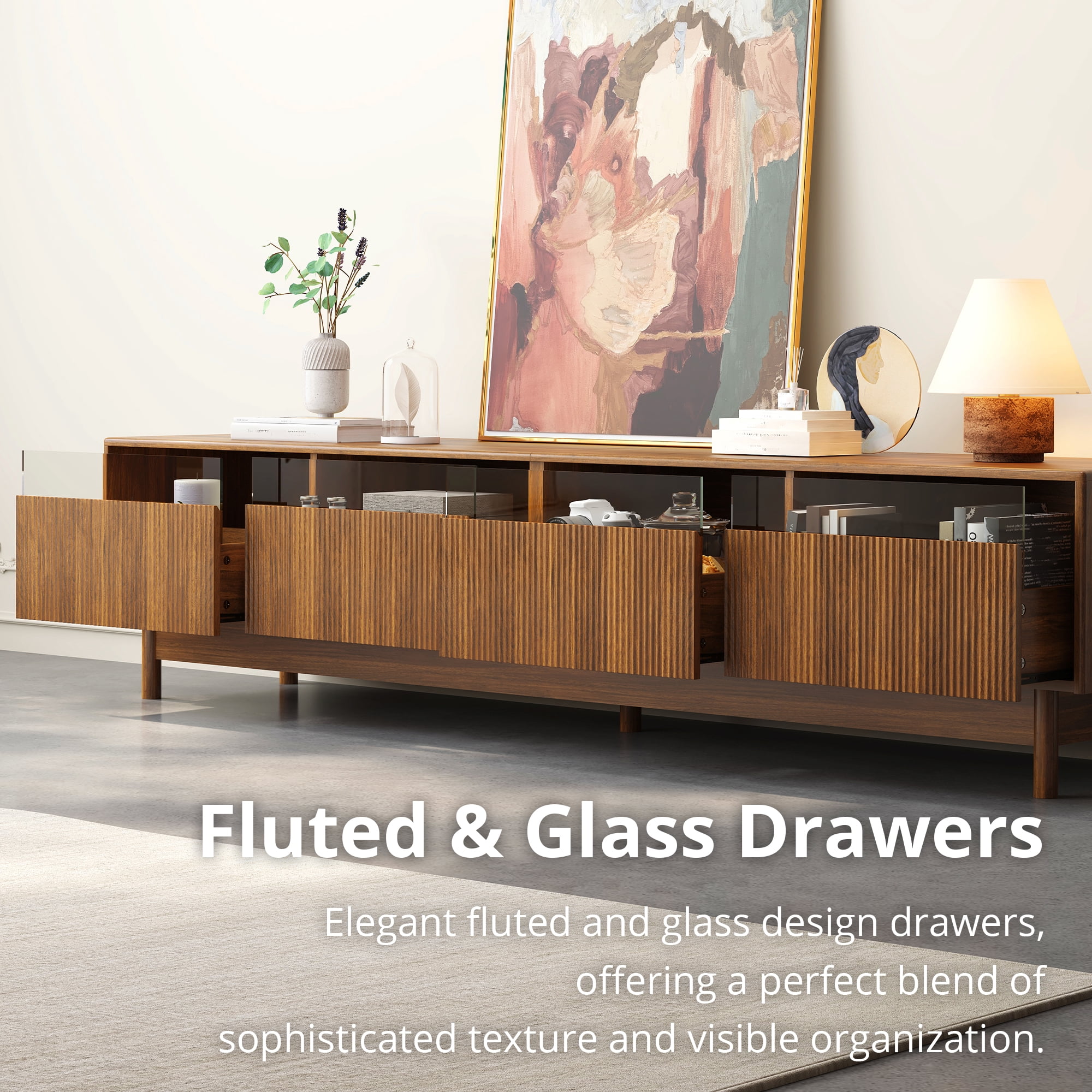 Homy Casa 78.7" Walnut TV Stand for 85" TVs with 4 Fluted Glass-Front Drawers and Cable Management