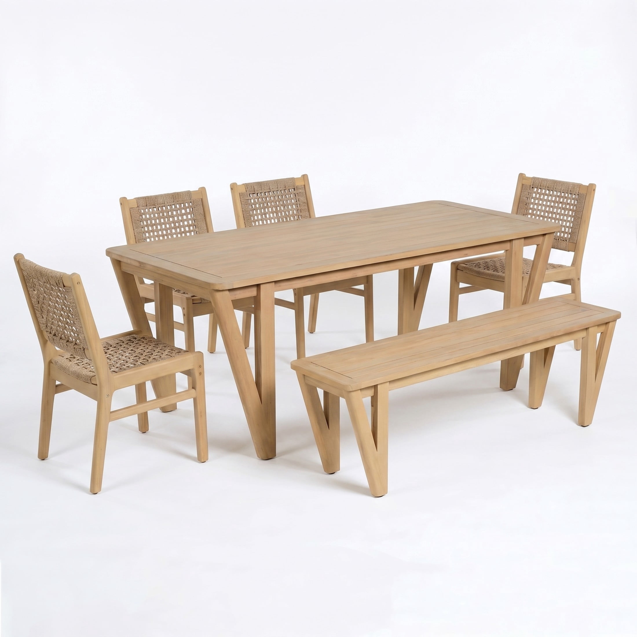 Christopher Knight Home 6-Piece Wood Patio Dining Table with Bench and Wicker Chairs Set, Light Brown