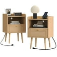 thumbnail image 2 of Biuhony Rattan Nightstand with Solid Wood Legs,Bedside Tables Rattan Drawers with Charging Station for Bedroom and Living Room, Set of 2, 2 of 9