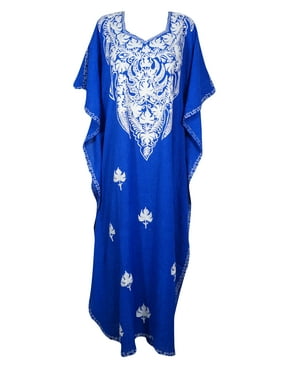 Mogul Women Royal Blue Embroidered Caftan Dress Kimono Wedding Dress 2XL