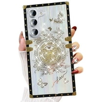 for Samsung Galaxy A16 Kickstand Case, Glitter Luxury Woman Girly Cute Butterfly Ring Holder Foldable Stand Shockproof Floral Pattern Golden Plated Soft TPU Flexible Cover for A16 5G, White