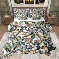 jejeloiu Rustic Mallard Duck 7 Pieces Bedding Comforter Set,Wild Flying Animal Full Bedding Set,Green Gray White Fitted Sheet Flat Sheet For Adults,Ultra Soft Home Decor Reversible