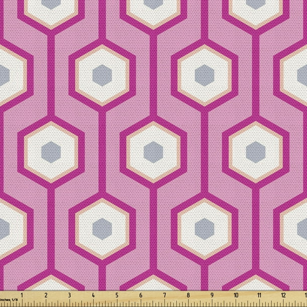 Pink Sofa Upholstery Fabric by the Yard, Vertical Hexagonal Shapes with Dots Inside Tied with