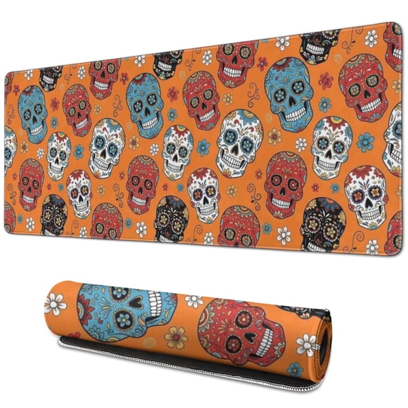 Long Mouse Pads for Desk,Orange Flower Skull Pattern Desk Mats on Top Of Desks, Desk Mouse Pad Extra Large with 3mm Non-Slip Base and Stitched Edge for Gaming,Office,Work,Home 31.5"x11.8"