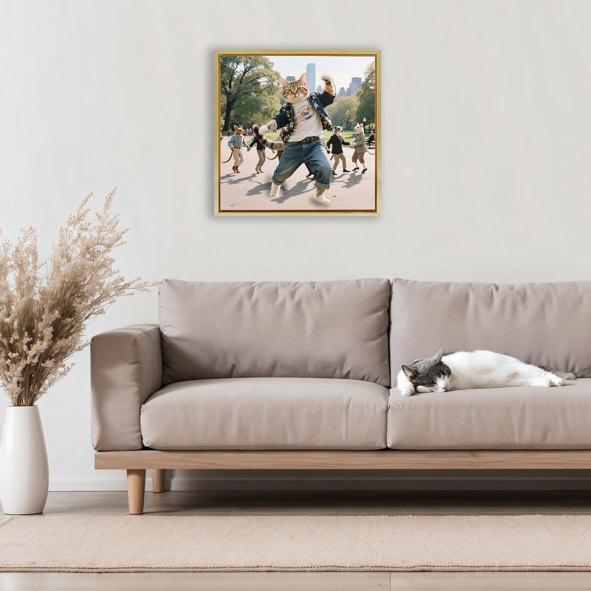 Stupell Industries Stylish Cat Dancing in Park Gold Framed Floater Canvas Wall Art, design by CAD Designs