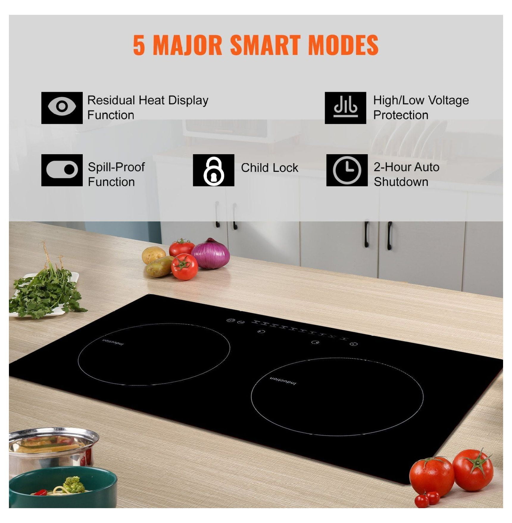 Electric Cooktop 2 Burner, 24'' Induction Stove Top Built-in, 1800W Magnetic Cooktop, 9 Heat Levels, LED Touch Control, Child Lock & Overheat Protection