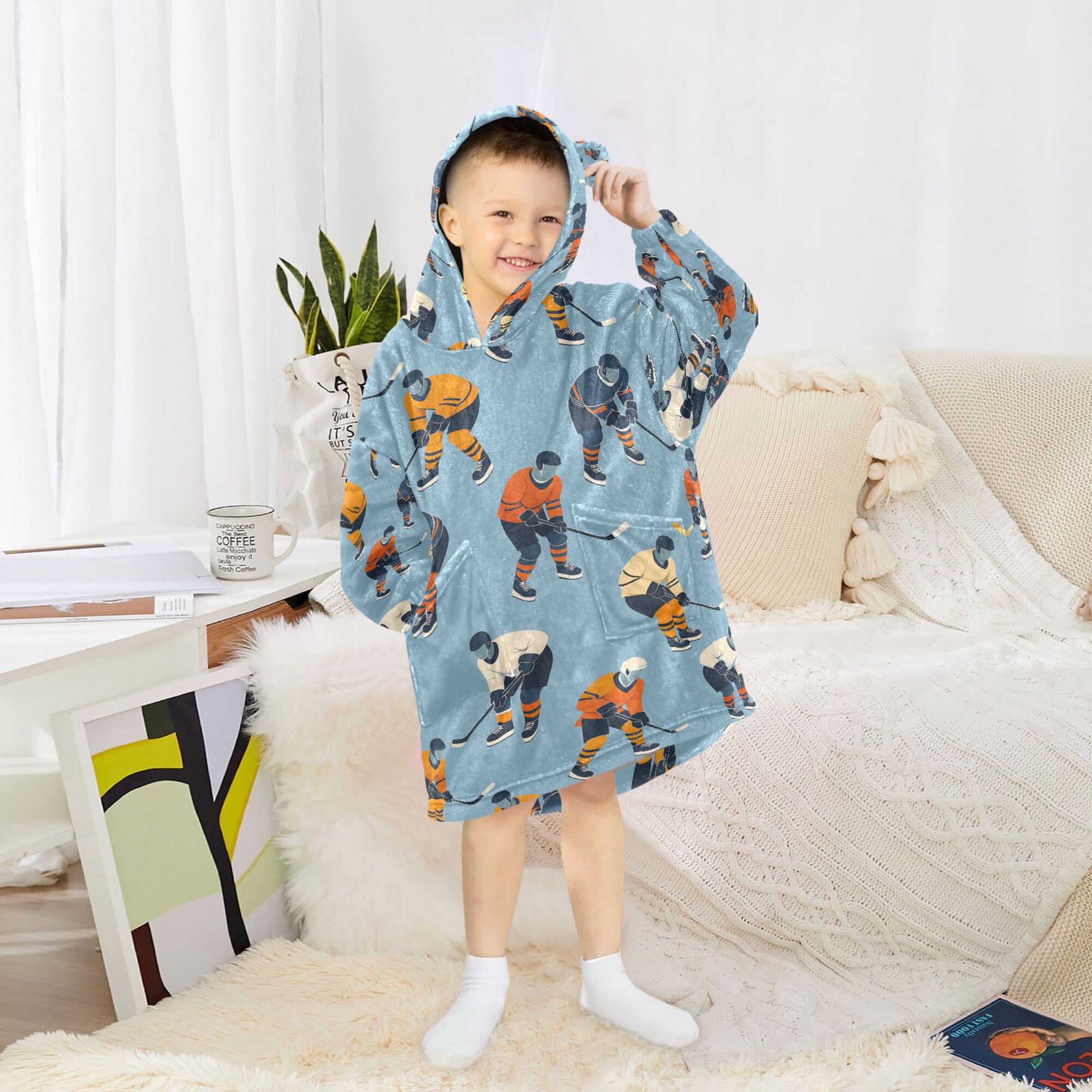 FORMRS Wearable Blanket Hoodie with Sleeves for Kids Cozy Flannel Sweatshirt, Blue Hockey Pattern