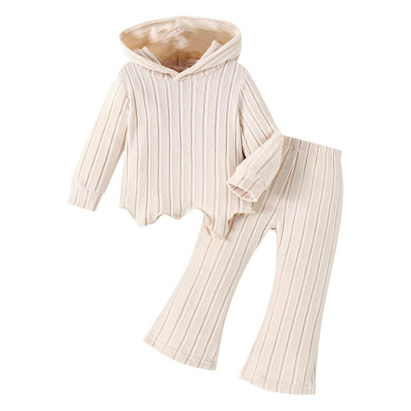 Odeerbi 1-4 Years Toddler Girls Outfits Rib Knit Cotton Hoodies Flared Pants Two-piece Set Long Sleeve Irregular Top Bell Bottom Trousers Toddler Girls Clothes