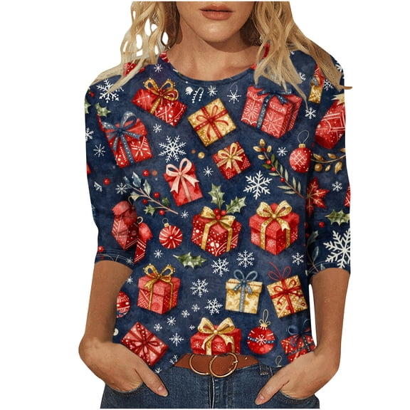 Hvogkswy Christmas T-Shirts for Women Holiday Graphic Crewneck Tee Tops Casual 3/4 Sleeve Shirts