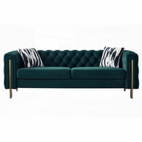Chesterfield Green Velvet Sofa, 84.25''W, Having Tufted Buttons & 4 Gold Metal Legs