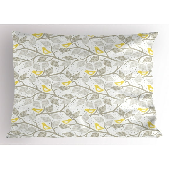 Ambesonne Grey and Yellow Pillow Sham, Tree and Birds, 26" X 20", Grey Yellow and White