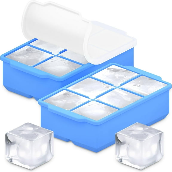 Large Silicone Ice Cube Tray (2-Pack), Easy Release 2" Big Ice Cubes - Cocktail, Whiskey Ice Cubes Mold - BPA Free Ice Cube Trays for Freezer - Ice Tray With Stackable Lid - Blue