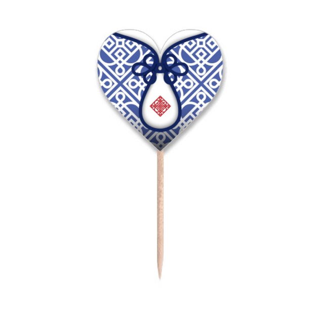 Chinese Culture Blue Flower Line Toothpick Flags Heart Lable Cupcake Picks