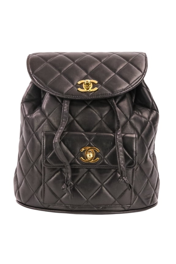 Pre-Owned CHANEL Vintage Matelass Lambskin Chain Shoulder Turnlock Backpack Rucksack Black...