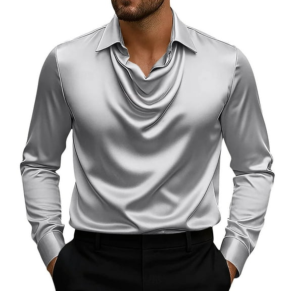 Chiccall Men's Vintage Satin Button Pleated Shirts Long Sleeve Casual Lapel Party Tops