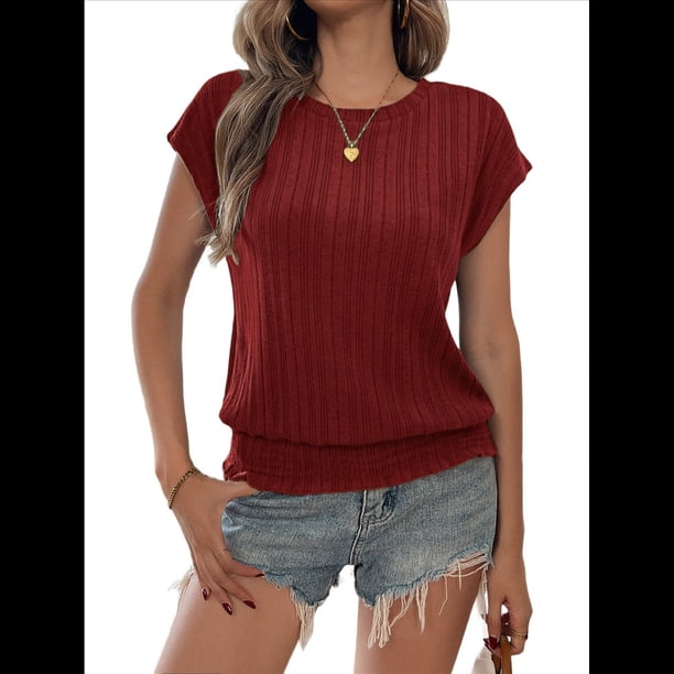Tops de Verano para Mujer 2025, Camisetas de Corta con Fruncido y Cuello Redondo, Vino Tinto L
