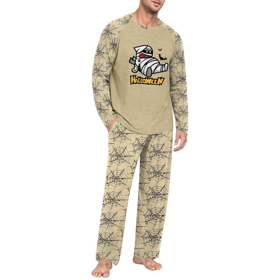 EANJE Men's Halloween 2 Piece Pajama Set Funny Mummy Cartoon Print Casual Long Sleeve Top & Long Pant Holiday Gift Soft Daily Sleepwear Suit Beige M