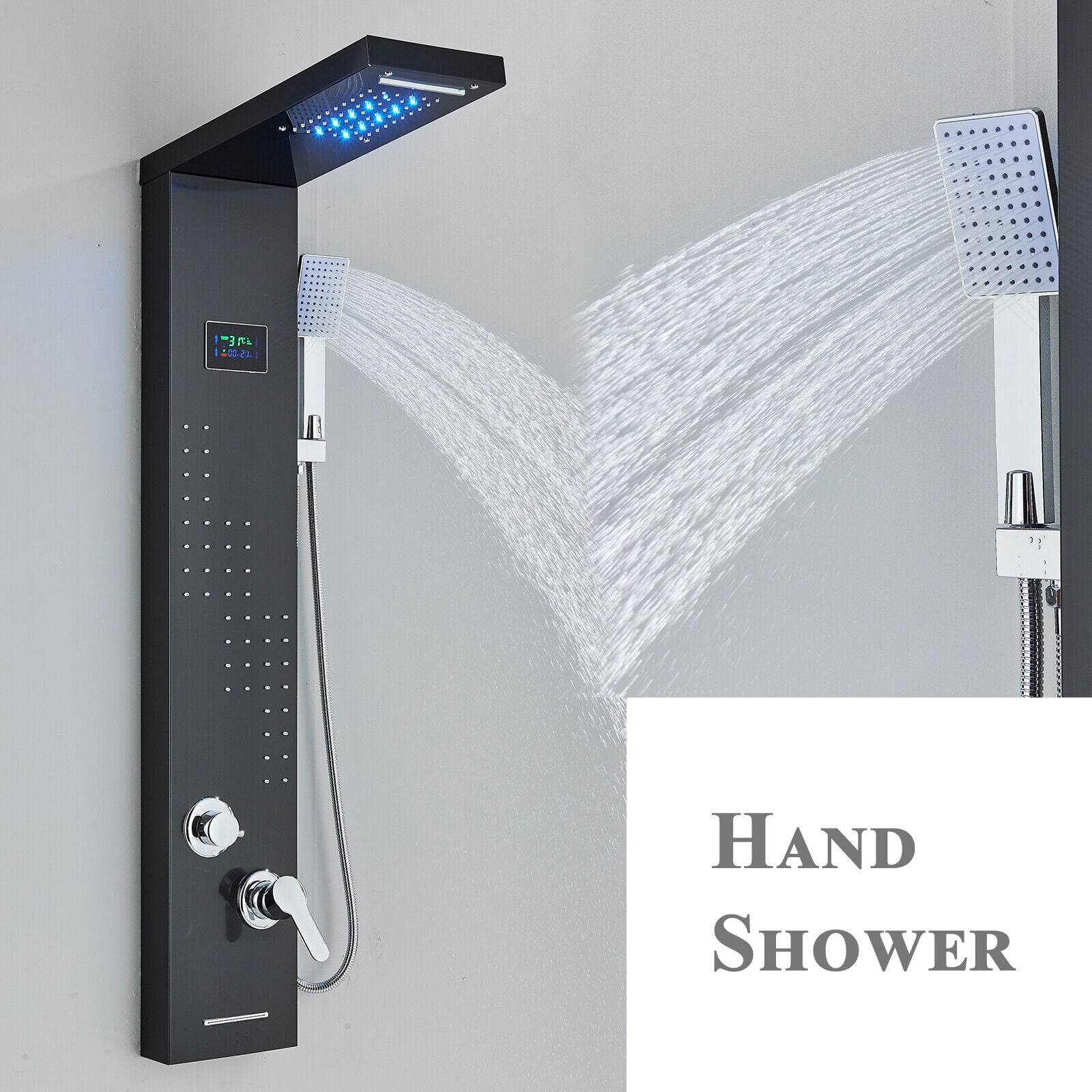 Black LED Shower Panel Tower System Rain&Waterfall Massage Jets Stainless Steel