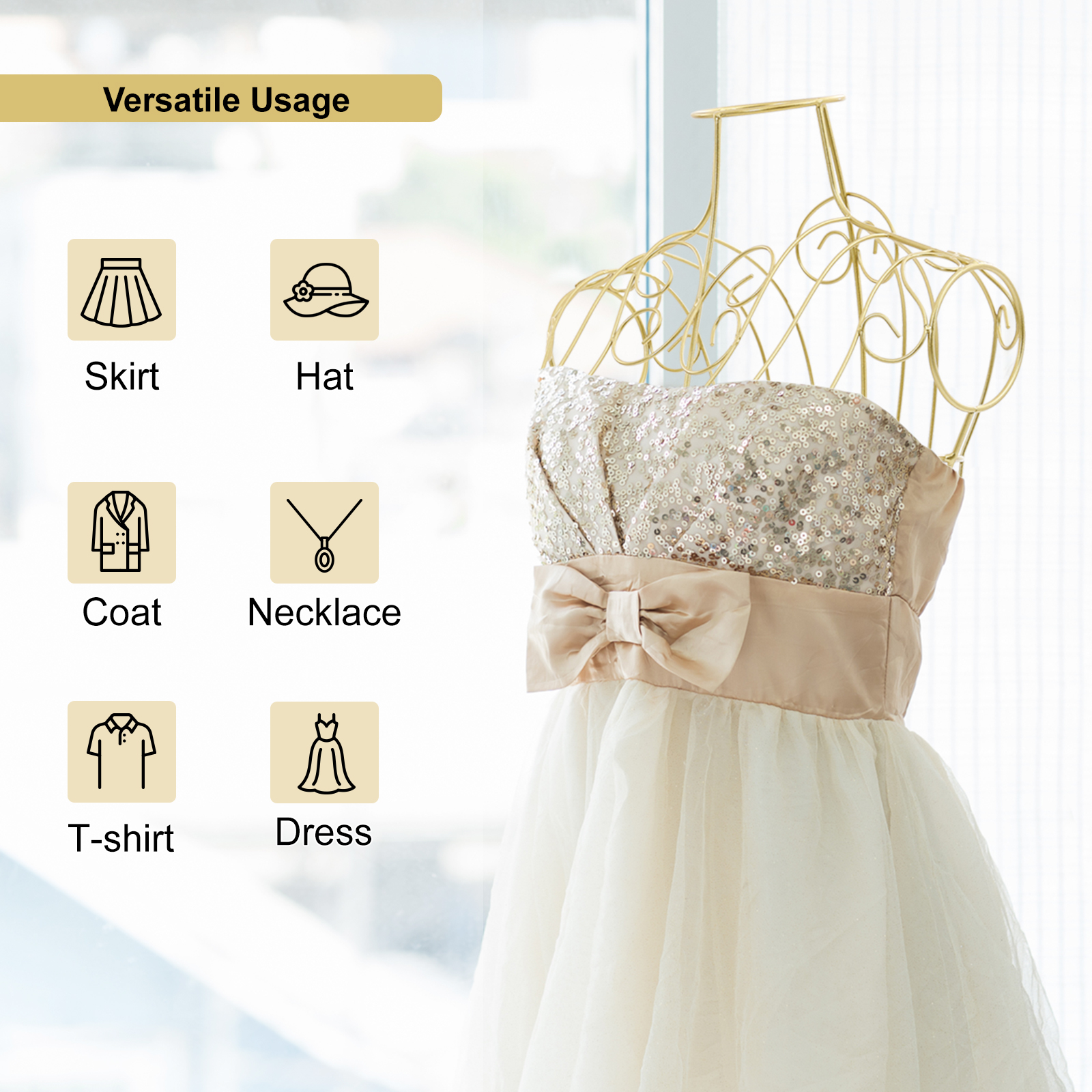 Dress Form Mannequin Torso with Metal Stand, Adjustable Height Female Manikin Torso for Clothing Display, Gold