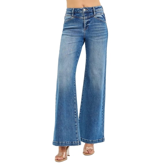 RISEN High Rise Wide Leg Jenas with Front Yoke and Heart Back Pocket