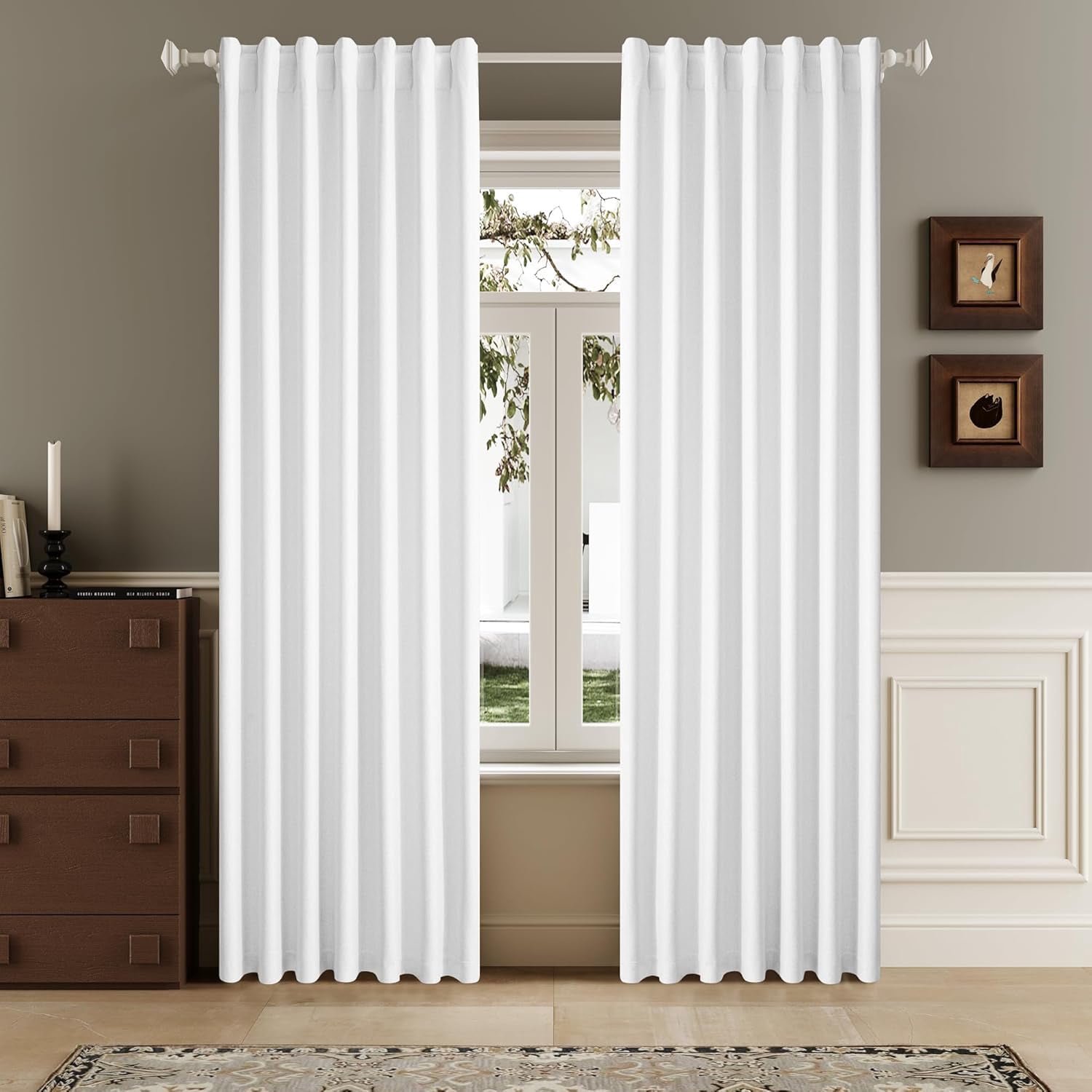 Full Blackout Pure White Curtains 63 Inch Long Linen Textured Curtains Thermal Insulated Heat Blocking Noise Reducing Vintage Drapes for Nursery Bedroom Rod Pocket&Back Tab 2 Panels 50W x 63L