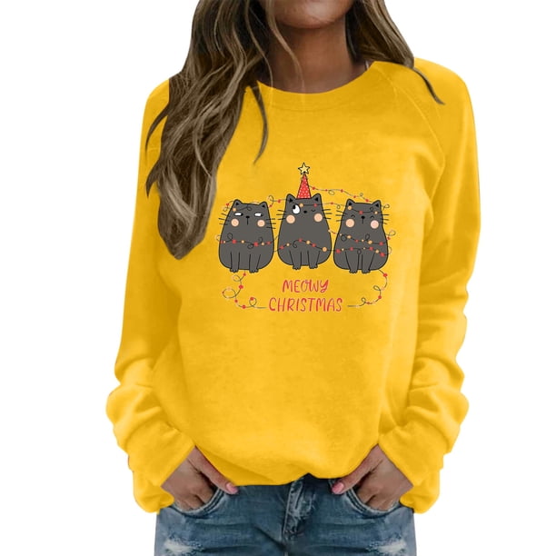 Gibobby Sudaderas Navideñas para Mujeres Suéter casual navideño de manga larga con cuello redondo y hombros descubiertos con lindo estampado de y bombilla para mujer(Amarillo,G)