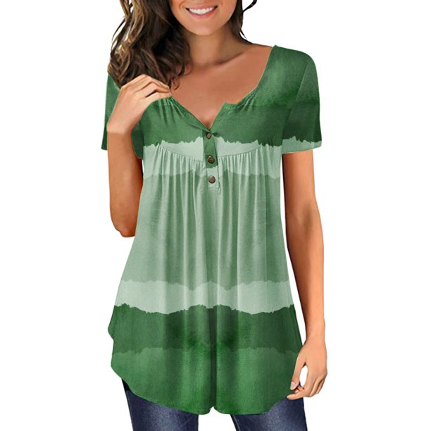 Gibobby Camisas mexicanas con cuello en V para mujer Mujer Casual manga corta botón cuello en V suelta camiseta Top(Verde,CH)