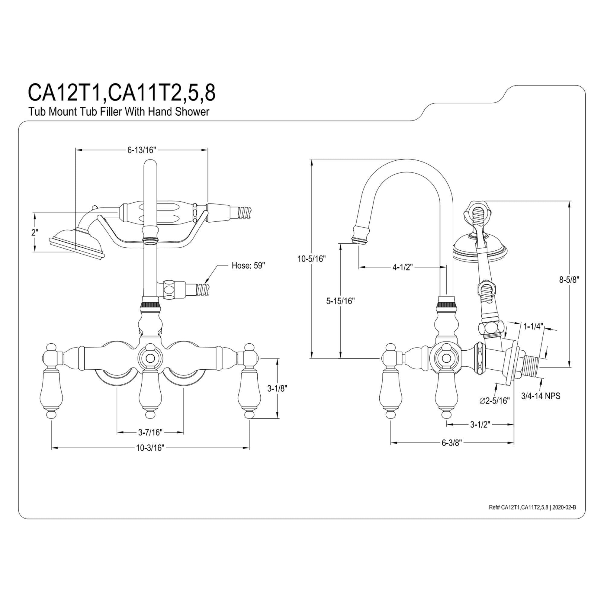 Kingston Brass CA12T1 Vintage 3-3/8" Tub Wall Mount Clawfoot Tub Faucet with Hand Shower, Polished Chrome
