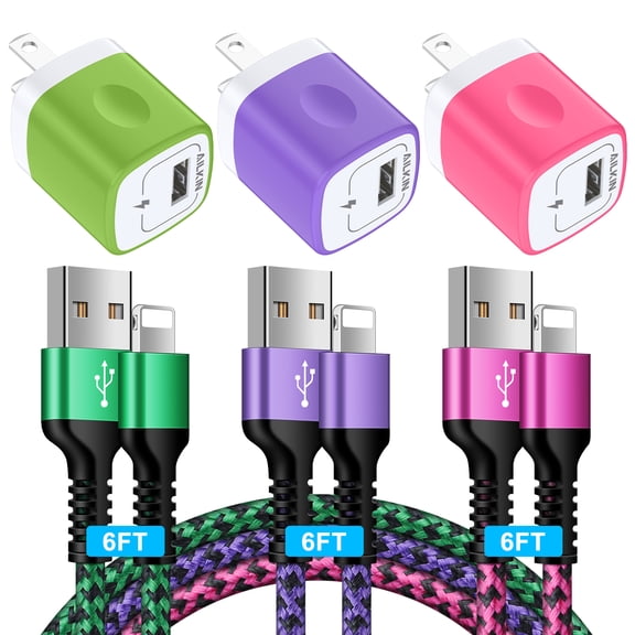 Compatible with iPhone Charger Cable Fast Charging AILKIN 3Pack Charger Block with 6ft Cord Charging Block Plug Power USB Wall Charger Adapter Compatible with iPhone 14/13/12/11,Multicolor