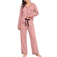 thumbnail image 4 of TEAJOPSUU Women's 2 Piece Pajama Sets Cute Comfy Notched Collar Button Down Long Sleeve Sleepwear Sets with Pants Loungewear Outfit Sets Pink, 4 of 5