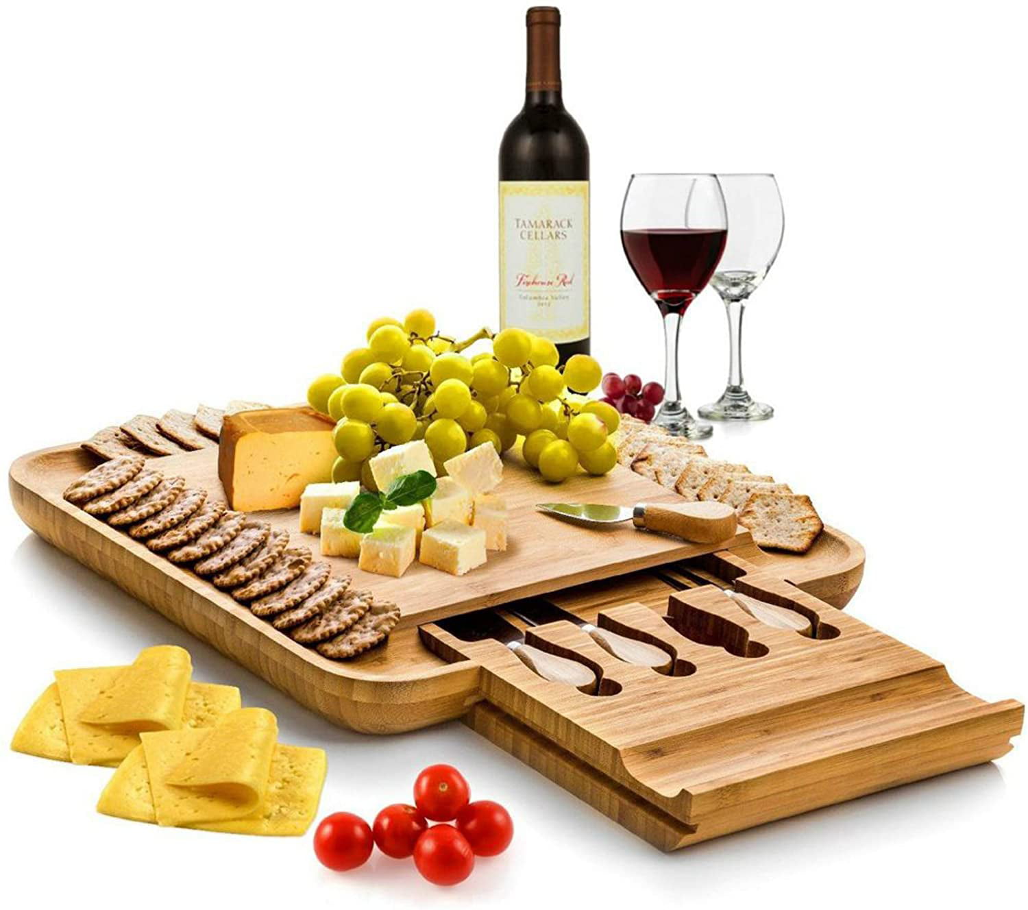 Wooden Charcuterie Server Tray Wedding Presents Organizer for Cutlery and Slicers 2 Slide Drawers Housewarming Gifts 14.7 x 14.7 x 1.6 Inch Large ViralCity Premium Bamboo Cheese Board
