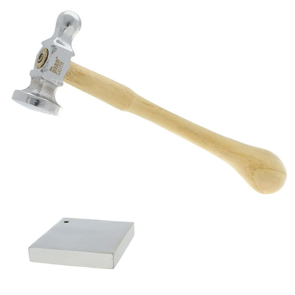 The Beadsmith Chasing Hammer & Bench Block - Two-Sided Hammer, 10.75”, Wood Handle – 1.5” Steel Block with Hole for Riveting & Bending – Tools for Metalworking, Stamping & Jewelry Making