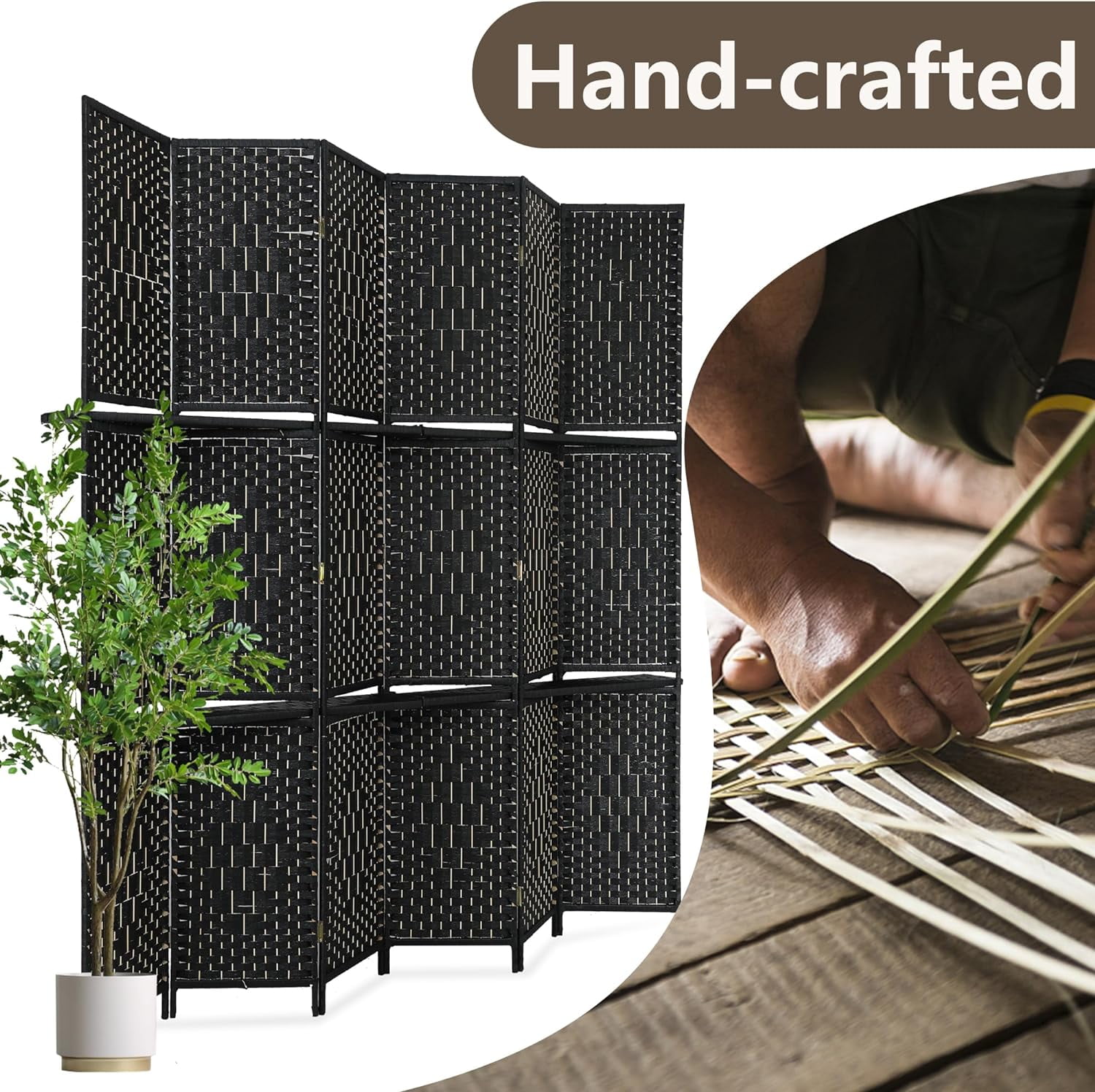 FDW 6 Panel Room Divider Wooden Portable Partition Screen Wood with Removable Storage Shelves Color, Black