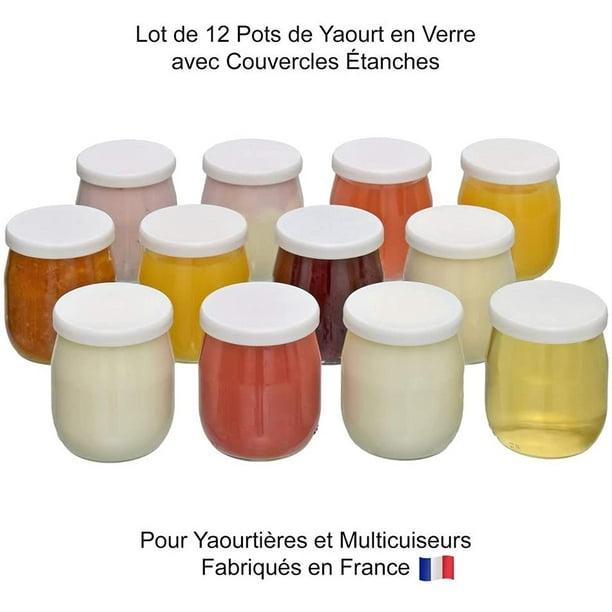 Set de 12 Pots de Yaourt en Verre avec Couvercles Scellés - Made in France  - pour Yaourtiers - Multicuiseurs et Robots Cuiseurs (Thermomix, SEB, etc)  - 143 ML / 125 Grammes 